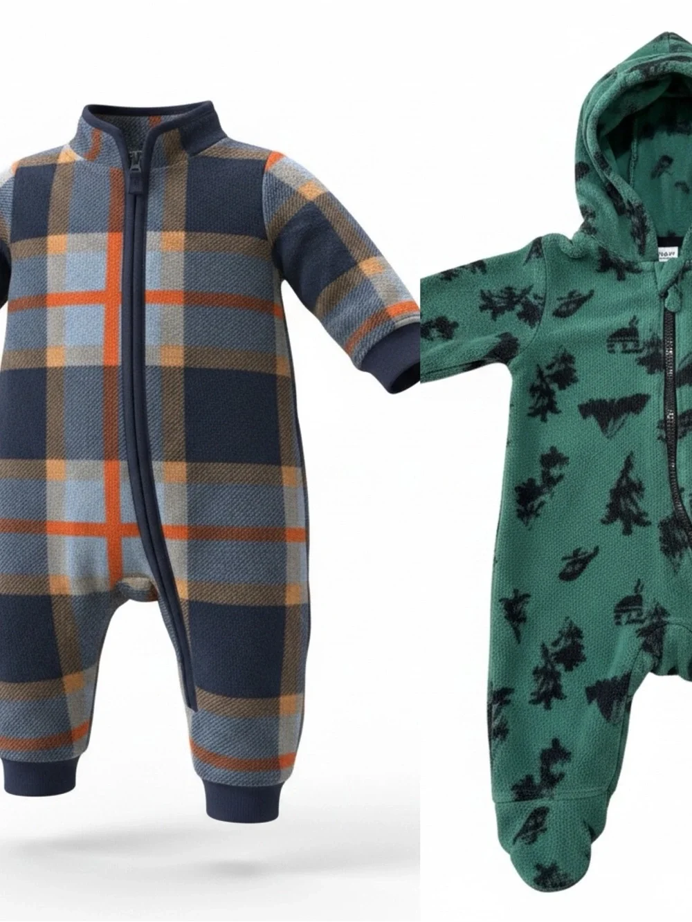 Carter's Baby 2 Pc Set 3M Hooded Forest Print Fleece One-Piece Navy Plaid Bundle